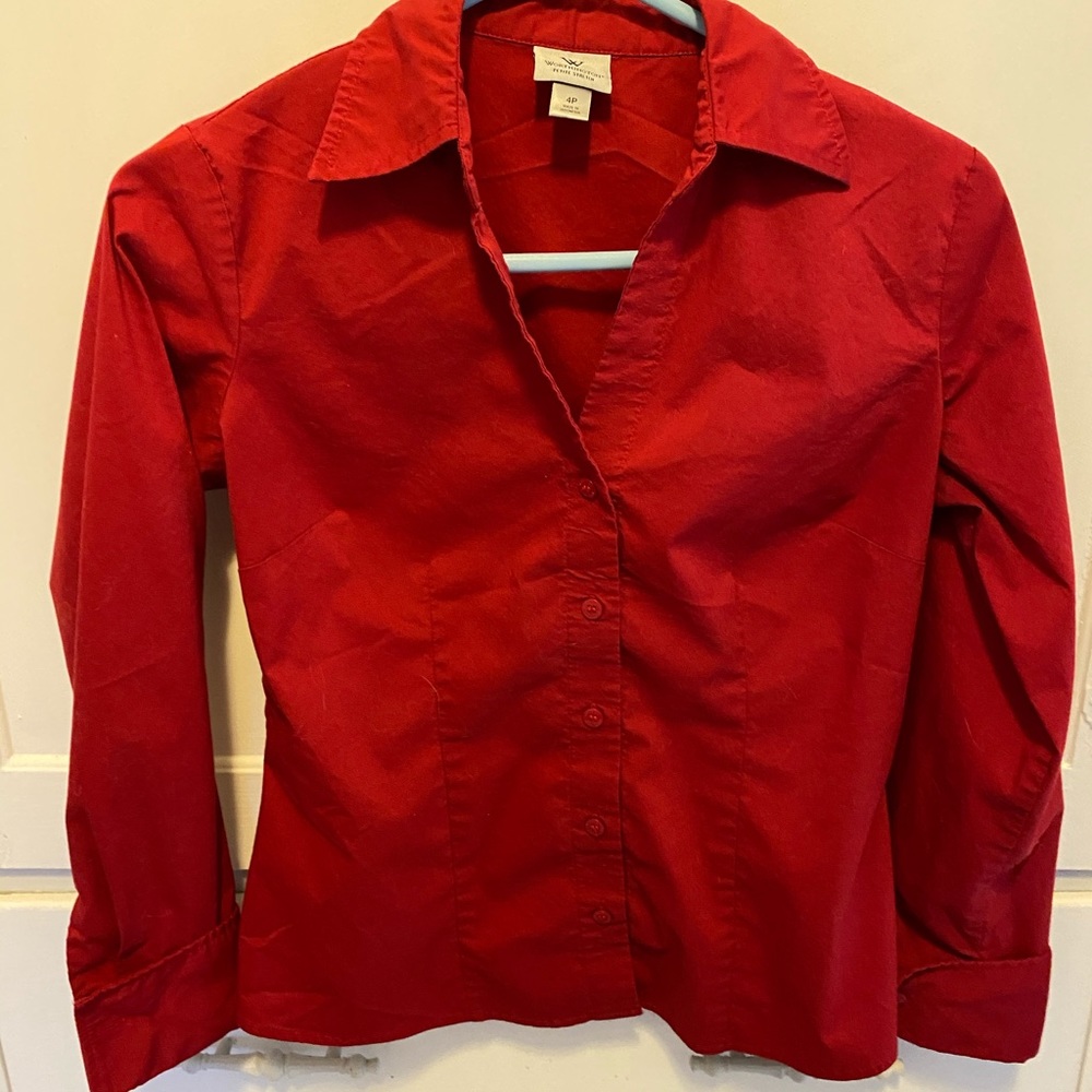 Red button up blouse